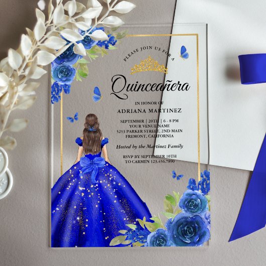 Invitations En Acrylique Robe royale bleu florale papillon Quinceanera