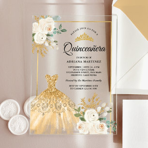 Invitations En Acrylique Robe scintillante ivoire florale or Quinceanera