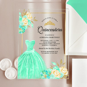 Invitations En Acrylique Robe scintillante verte menthe florale or Quincean