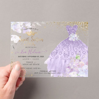 Invitations En Acrylique Robe Sweet 16 Paillettes Lilas Poussiéreux Or