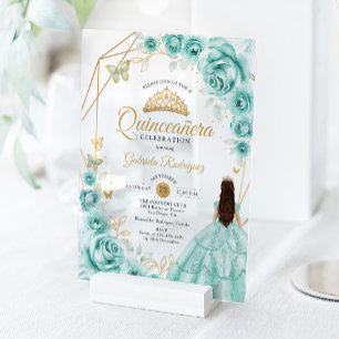 Invitations En Acrylique Robe turquoise de Quinceanera florale or