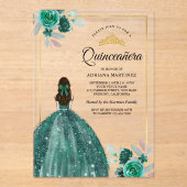 Invitations En Acrylique Robe vert émeraude Quinceanera Or Floral (Recto)