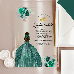 Invitations En Acrylique Robe verte émeraude florale dorée Quinceanera
