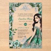 Invitations En Acrylique Robe verte en argent Quinceañera Elégante Mis Quin (Recto)