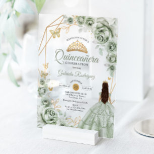 Invitations En Acrylique Robe verte sauge pour Quinceanera avec or floral