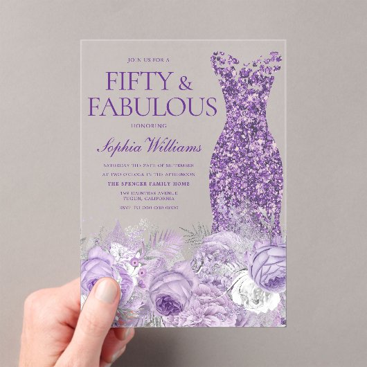 Invitations En Acrylique Robe violette Floral 50 & Fabuleux 50e anniversair (In situ (ordinateur de poche))