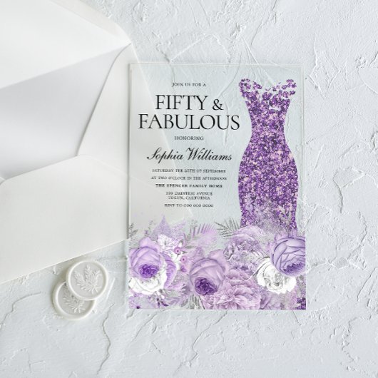 Invitations En Acrylique Robe violette Floral Cinquante et fabuleux 50e ann