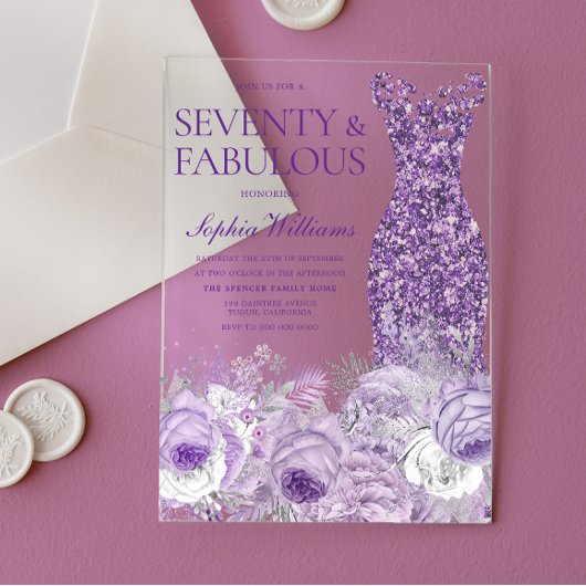 Invitations En Acrylique Robe violette Floral Soixante-dix fabuleux 70e ann