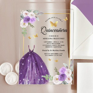 Invitations En Acrylique Robe violette papillon floral or Quinceanera