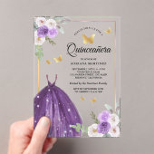 Invitations En Acrylique Robe violette Papillon floral Quinceanera or (In situ (ordinateur de poche))