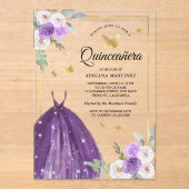 Invitations En Acrylique Robe violette Papillon floral Quinceanera or (Recto)