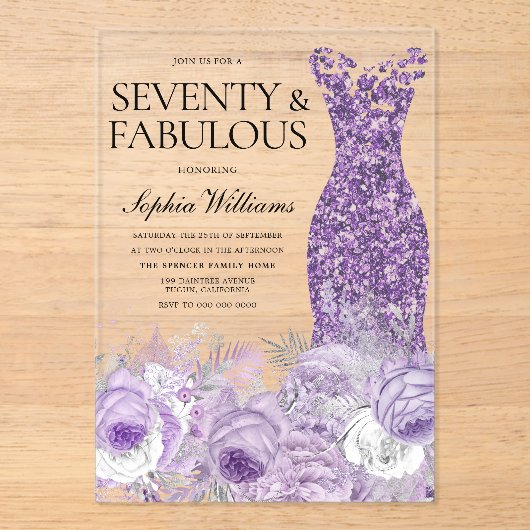 Invitations En Acrylique Robe violette Soixante-dix et fabuleux 70e anniver (Recto)