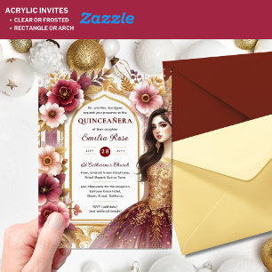 Invitations En Acrylique Robes de Quinceañera Bordeaux Rouge Or Fleurs de Q