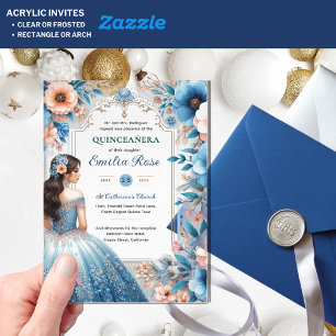 Invitations En Acrylique Robes de Quinceañera Dusty Blue Peach Argent Fleur