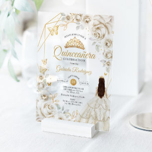 Invitations En Acrylique Robes de Quinceanera Ivoire Or Crème Blanche Flora