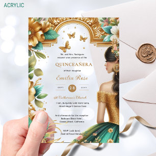 Invitations En Acrylique Robes de Quinceañera Or Émeraude Roses Vertes Quin