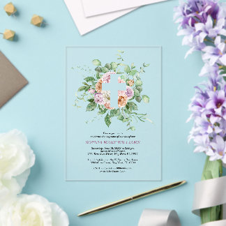 Invitations En Acrylique Romantic Flowers & White Cross Girl Baptism