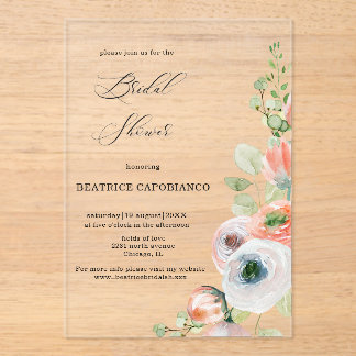 Invitations En Acrylique Romantic Peach Coral Floral Bridal Shower 