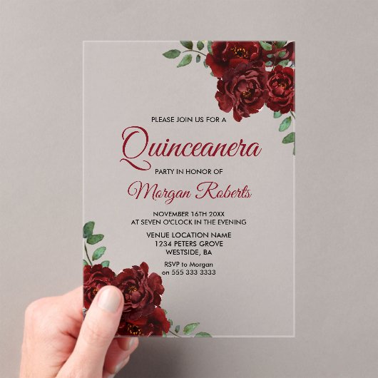 Invitations En Acrylique Romantique Bourgogne Rouge Rose Quinceanera Invita (In situ (ordinateur de poche))