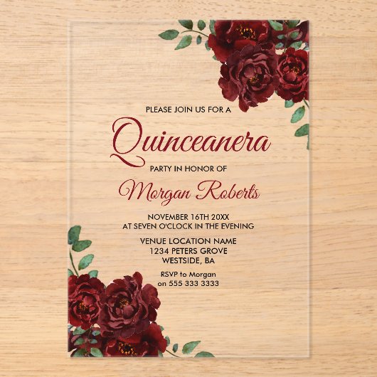 Invitations En Acrylique Romantique Bourgogne Rouge Rose Quinceanera Invita (Recto)