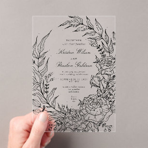 Invitations En Acrylique Romantique classique noir Mariage de couronne de f