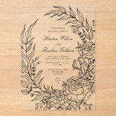 Invitations En Acrylique Romantique classique noir Mariage de couronne de f (Recto)
