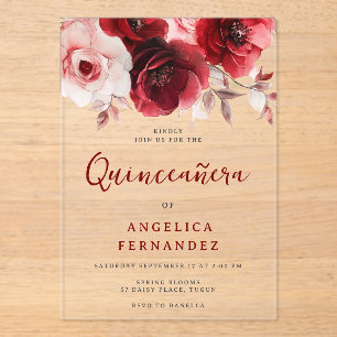 Invitations En Acrylique Romantique Ruby Rouge Rose Quinceanera Party