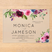 Invitations En Acrylique Rose chaud et bleu marine Mariage floral 2 (Recto)