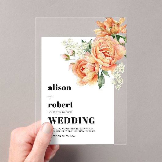 Invitations En Acrylique Rose de pêche fleurs fleurie sauge vert mariage (In situ (ordinateur de poche))