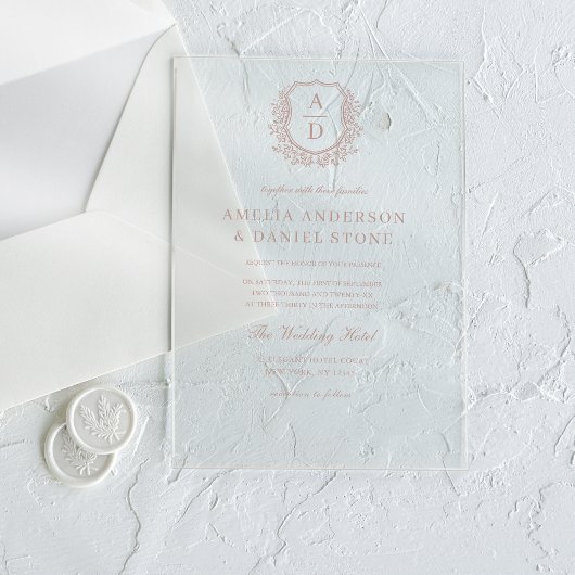 Invitations En Acrylique Rose Dusty Floral Crest Monogram Mariage