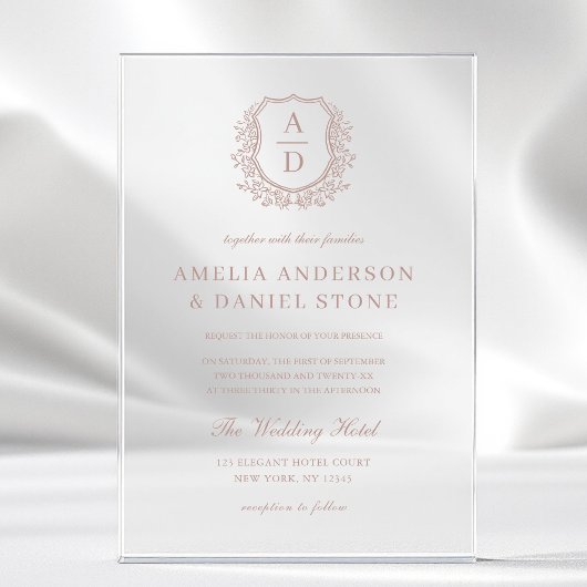 Invitations En Acrylique Rose Dusty Floral Crest Monogram Mariage