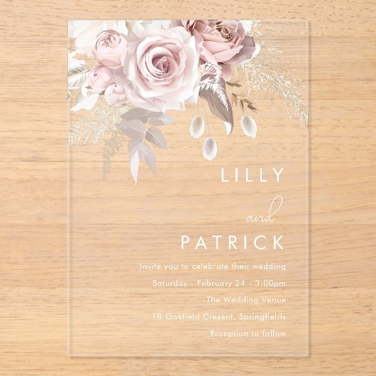 Invitations En Acrylique Rose Dusty moderne et Mariage Rose Blush (Recto)