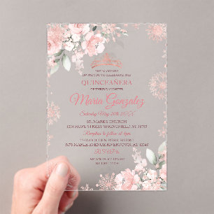 Invitations En Acrylique Rose et Rose or Floral hiver fille Quinceañera