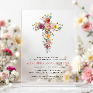 Invitations En Acrylique Rose et verdure rose pâle pour la première communi