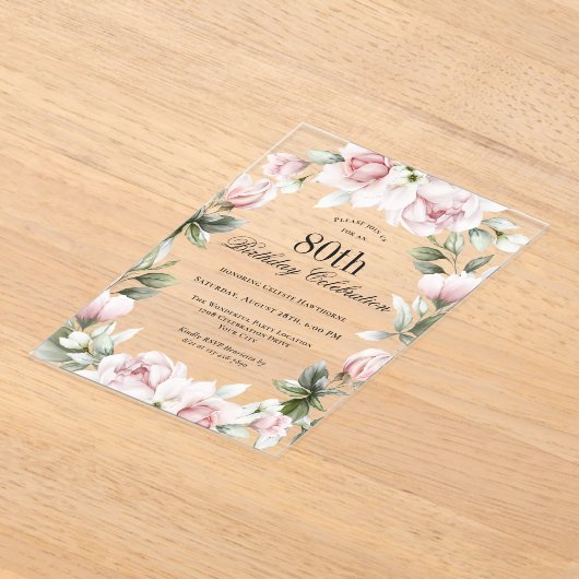 Invitations En Acrylique Rose féminine 80e fête d'anniversaire (Poser)