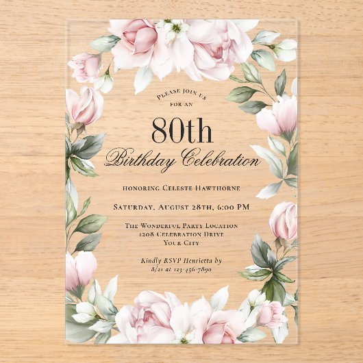 Invitations En Acrylique Rose féminine 80e fête d'anniversaire (Recto)