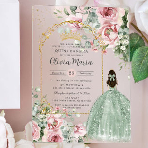 Invitations En Acrylique Rose floral clair Sage vert Quinceañera Sweet 16