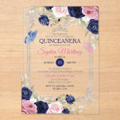 Invitations En Acrylique Rose Floral Marine Bleu Papillon Argent Quinceañer (Recto)