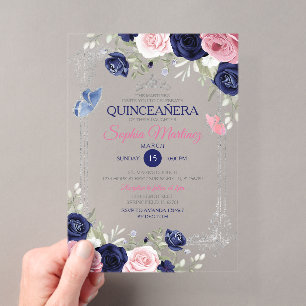 Invitations En Acrylique Rose Florale Bleu Marine Papillon Argent Quinceañe