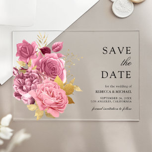 Invitations En Acrylique Rose florale mauve poussiéreuse mariage or économi