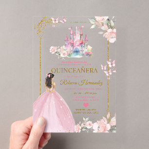 Invitations En Acrylique Rose Florale Princesse Château Royal Or Quinceañer