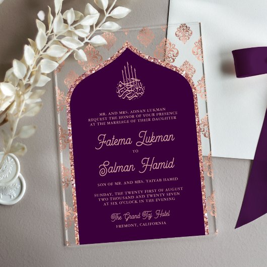Invitations En Acrylique Rose foncé violet or Damask Arch Mariage musulman