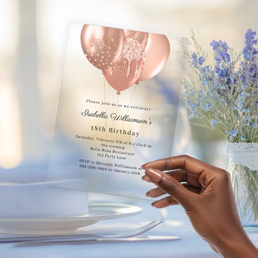Invitations En Acrylique Rose gold balloons clear luxury birthday 