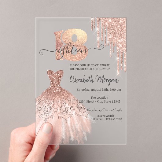 Invitations En Acrylique Rose Gold Drips Robe Argent 18e anniversaire (In situ (ordinateur de poche))