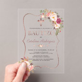 Invitations En Acrylique Rose Gold Fleurs Rose Tendresse Baptême Espagnol (In situ (ordinateur de poche))