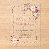 Invitations En Acrylique Rose Gold Fleurs Rose Tendresse Baptême Espagnol (Recto)