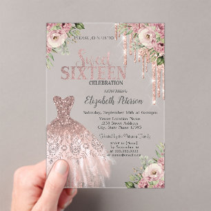 Invitations En Acrylique Rose Gold Glitter Drips, Robe Floral Sweet 16