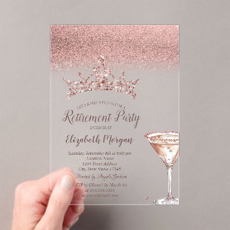 Invitations En Acrylique Rose Gold Glitter Tiara Martini Glass Retirement 