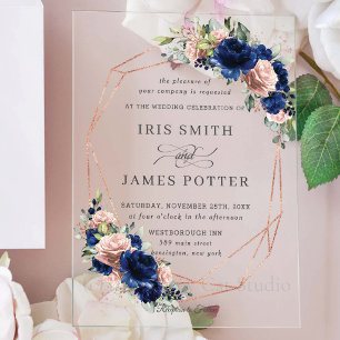 Invitations En Acrylique Rose Gold Navy Chic Blush Floral Mariage Géométriq