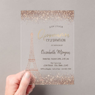 Invitations En Acrylique Rose Gold Pailletés Eiffel Confettis Quinceañera